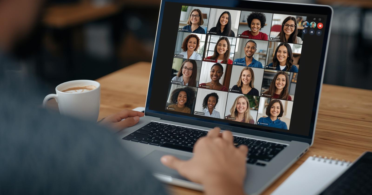 Professional woman participating in a diverse remote team video conference on a laptop