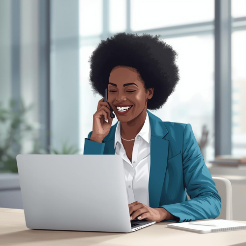 Illustration of a smiling Black female professional talking on a headset while working on a laptop in an office