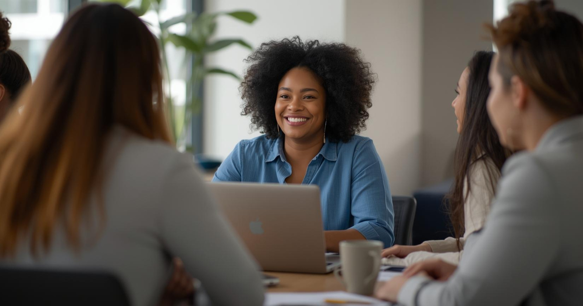 Diverse professional women brainstorming together at a conference table with a laptop and coffee