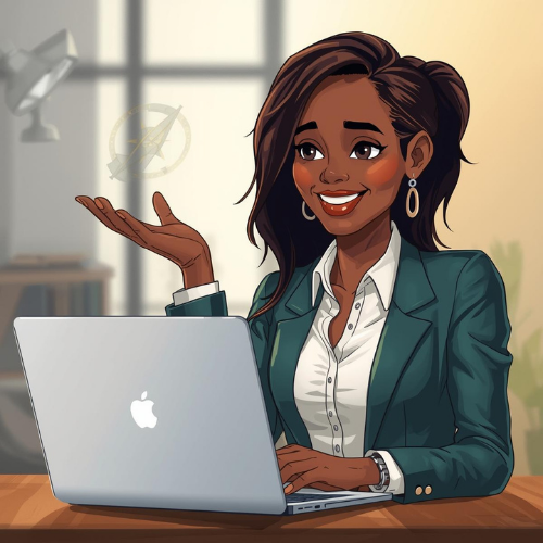 Confident young business woman at a desk with a laptop, symbolizing career guidance and professional direction