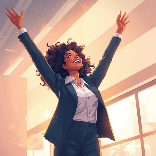 Illustration of a successful Black businesswoman in a suit cheering with arms raised in a sunlit modern office