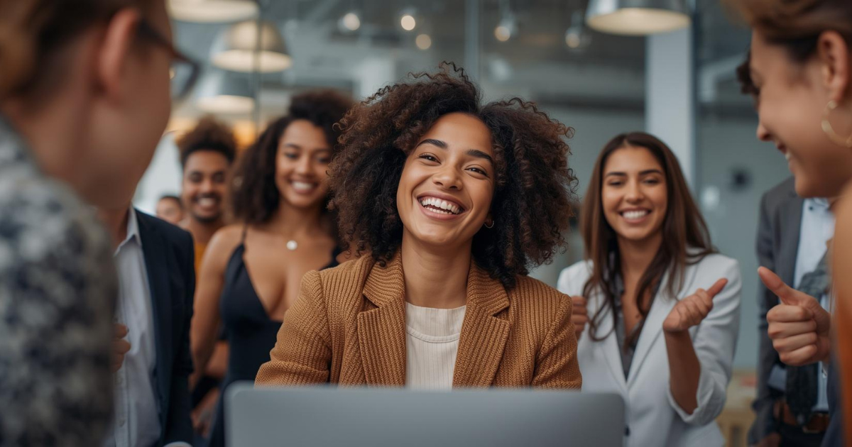 A smiling young Black woman in a brown blazer celebrated by her diverse office team giving thumbs up
