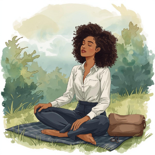 Watercolor illustration of a professional Black woman meditating outdoors on a mat to represent work-life balance