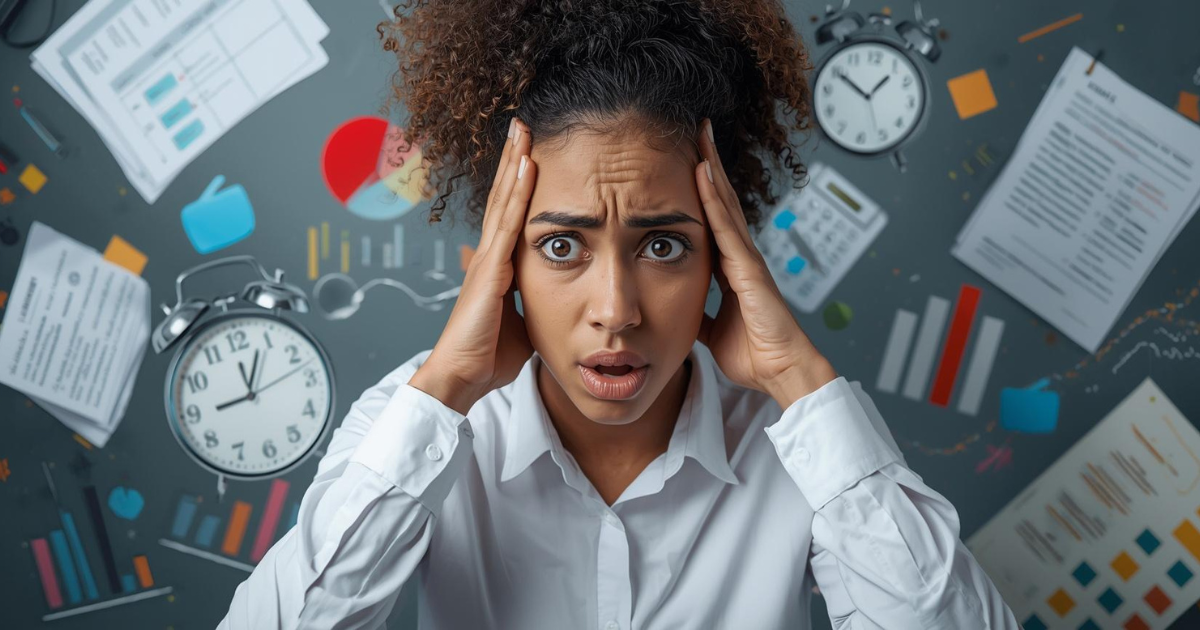 Overwhelmed Black female entrepreneur with hands on her head surrounded by flying clocks and charts, representing creative burnout