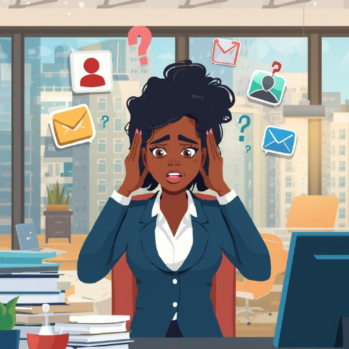 Cartoon illustration of an overwhelmed Black businesswoman at her desk surrounded by floating email and notification icons