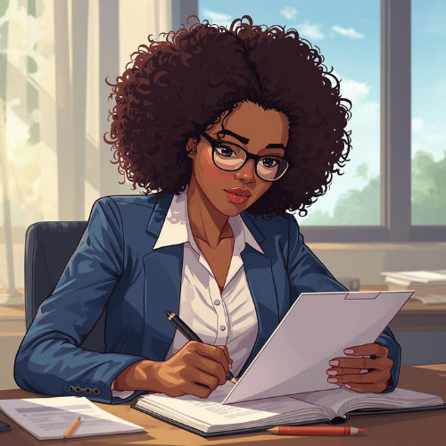 Cartoon illustration of a focused Black female professional in glasses reviewing business documents and taking notes at her desk
