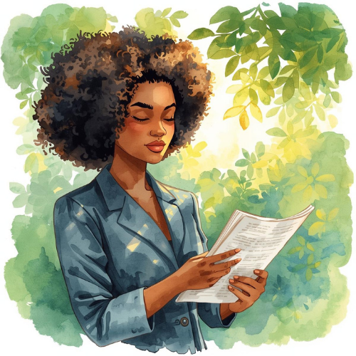 Watercolor illustration of a calm Black businesswoman reviewing documents in a serene green nature setting, symbolizing work-life balance