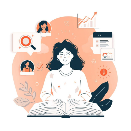 Flat vector illustration of a happy woman reading a book surrounded by icons for business growth, financial success, and community networking