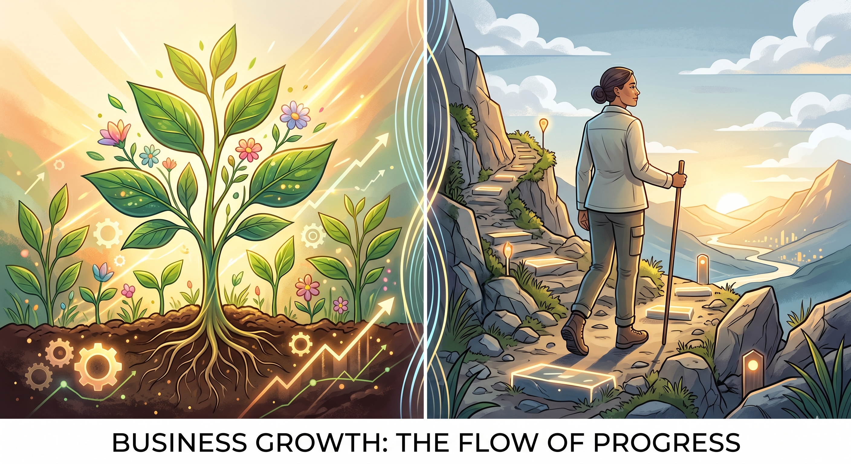 A split-screen illustration titled "BUSINESS GROWTH: THE FLOW OF PROGRESS." The left side shows a vibrant, growing plant with green leaves and small pink and purple flowers rooting deeply into the soil, surrounded by glowing gears and upward-trending line graphs. The right side shows a woman from behind, holding a walking stick and stepping up a illuminated stone path winding up a rugged mountain toward a bright sunrise over a distant valley river.