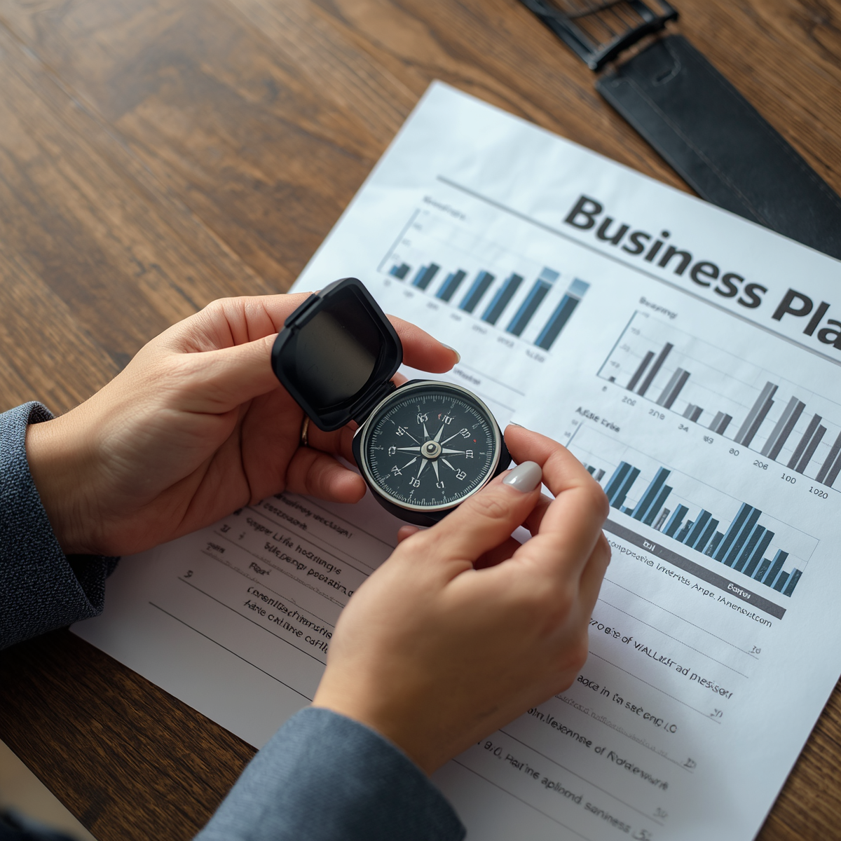 A top-down, close-up shot of a person’s hands holding an open black pocket compass over a printed "Business Plan" document on a dark wooden table. The document features several blue and gray bar charts, graphs, and structured sections of text. The person is wearing a gray textured blazer sleeve, and the compass is held squarely in focus, symbolizing strategic planning and finding business direction.