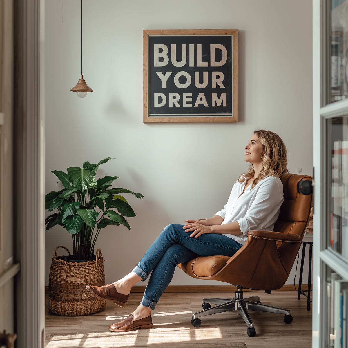A wide shot of a blonde woman sitting comfortably in a brown leather office chair with her legs crossed, leaning back and looking up with a thoughtful smile. She is in a minimalist home office space next to a large potted green plant in a woven basket. On the wall behind her hangs a prominent framed black-and-white sign that reads "BUILD YOUR DREAM" in bold capital letters, seen through an open doorway.