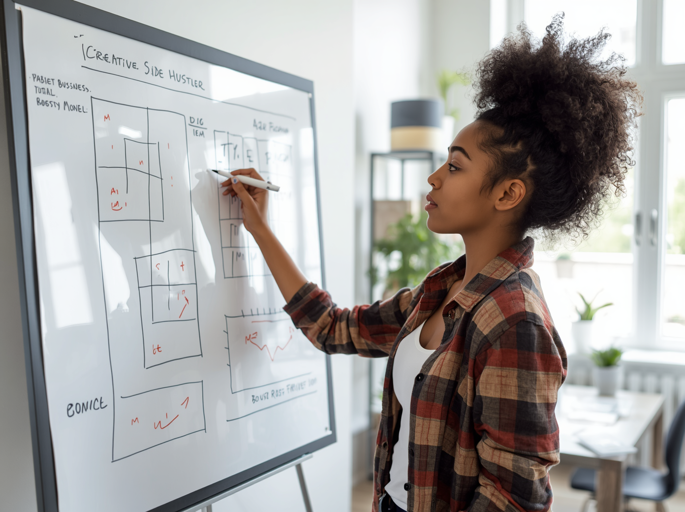 A young Black woman with a high curly bun wearing a plaid shirt writes on a whiteboard labeled "CREATIVE SIDE HUSTLER." She is sketching out business models, charts, and metrics, symbolizing business planning, marketing strategies for creative businesses, and scaling a freelance business.