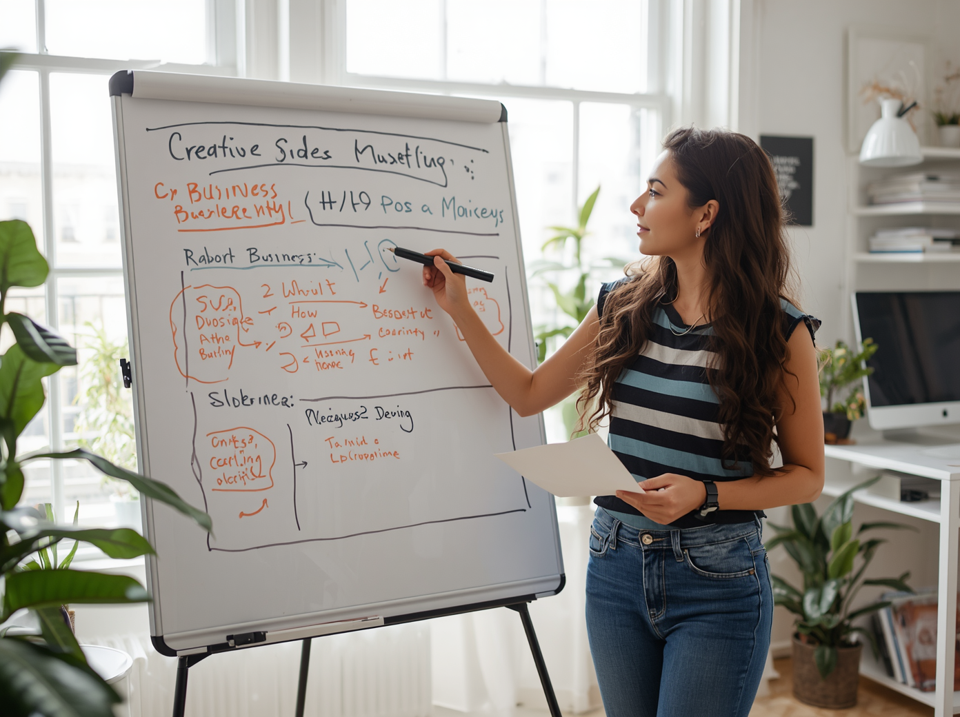 A woman with long brown hair stands in a bright office, using a black marker to map out concepts on a white flipchart labeled "Creative Side Hustling." The board features diagrams, charts, and business notes, representing marketing strategies, business coaching workshops, and early-stage startup planning for female entrepreneurs.