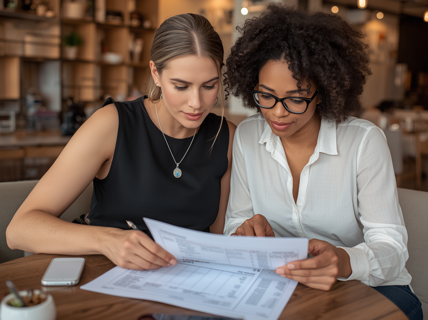 A blonde woman in a black sleeveless top and a Black woman with curly hair and glasses in a white shirt sit together at a cafe table, reviewing a printed financial spreadsheet and business document. A smartphone and small plant are on the table, symbolizing business coaching, collaboration, and financial planning for women entrepreneurs