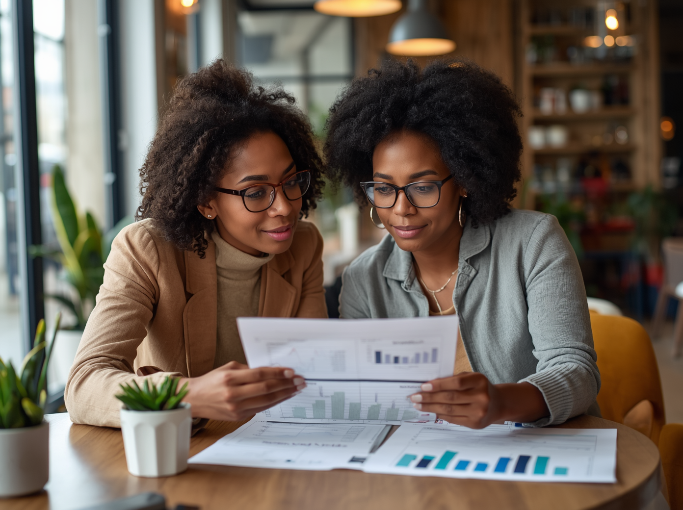 Two Black women business owners with glasses sit together at a wooden table in a cafe, collaborating and analyzing printed business metrics and financial data charts. A small potted plant sits on the table, representing business coaching, strategic planning, and overcoming the stop-start cycle for female founders.