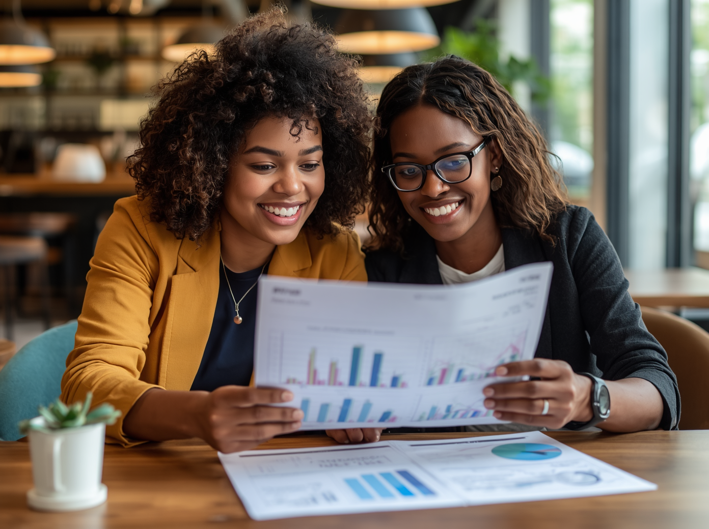 Two smiling Black women entrepreneurs sit together at a wooden table in a cafe, reviewing a printed financial report with bar graphs and pie charts. One wears a mustard yellow blazer, representing financial data analysis, business coaching, and strategic planning for female business owners.