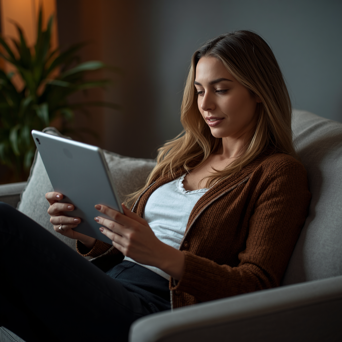 A focused blonde woman wearing a cozy brown knit cardigan sits on a grey armchair at home, reviewing a business plan or digital course on her tablet. A lush houseplant is blurred in the background, symbolizing remote work productivity, a mindset shift, and independent learning for a side hustler.