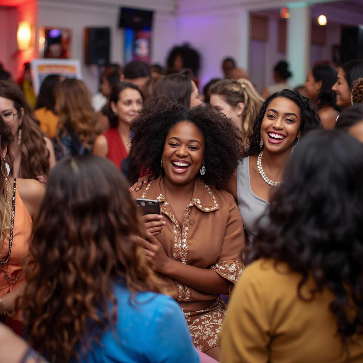 A joyful group of diverse women entrepreneurs laughing and connecting at a crowded business networking event. A smiling Black woman in a brown patterned dress holds a smartphone while surrounded by supportive peers, representing the Momentum Makers Community and business mentorship for female founders.