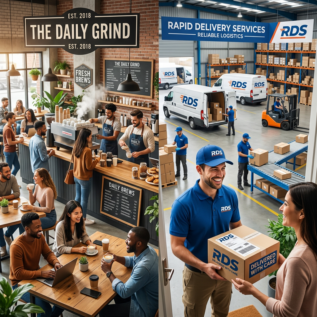 A split-screen illustration showing business models. The left panel shows "THE DAILY GRIND" coffee shop with a barista serving customers, representing a local brick-and-mortar business foundation. The right panel shows "RAPID DELIVERY SERVICES (RDS)" with delivery vans, forklifts, and a warehouse logistics crew fulfilling e-commerce package orders, representing ethical product sourcing and scaling a startup.