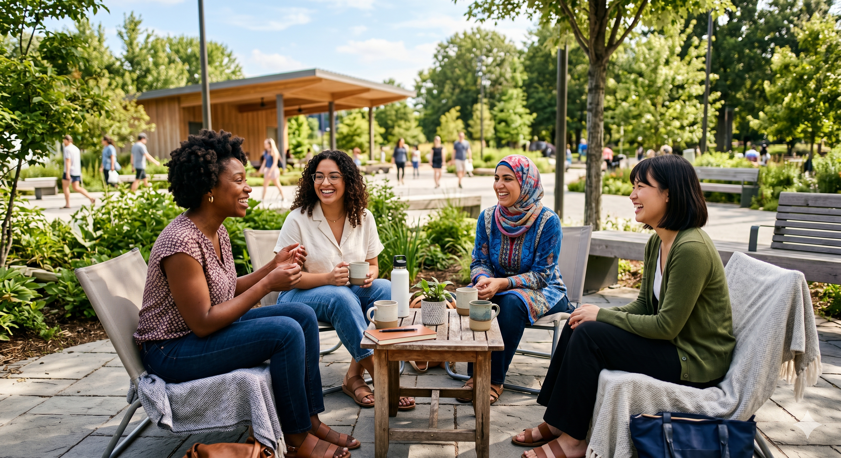 A diverse group of four women sit together outdoors in a sunny park pavilion, laughing and talking over coffee. The group includes a Black woman, a Hispanic woman, a woman wearing a blue hijab, and an East Asian woman, perfectly representing a supportive networking community for female entrepreneurs.