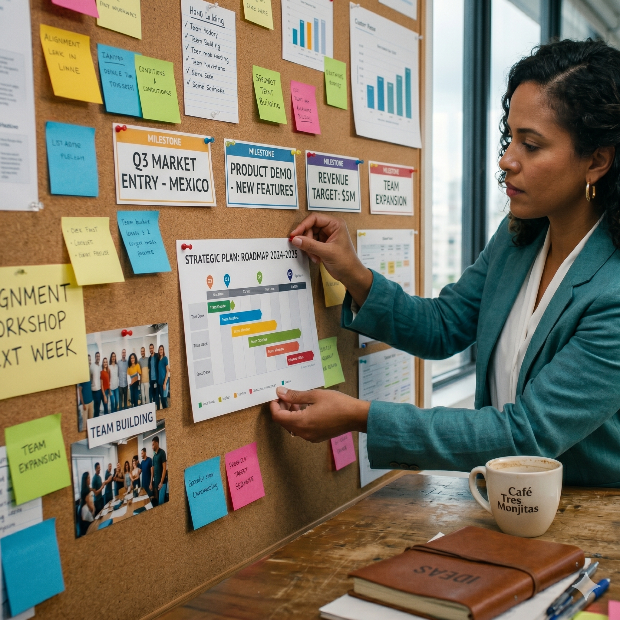 A professional Hispanic woman in a teal blazer pins a printed sheet titled "STRATEGIC PLAN: ROADMAP" onto a large corkboard filled with colorful sticky notes, charts, and milestones. A notebook and coffee cup are on the desk in the foreground, representing corporate exit strategy planning and organized business growth for women entrepreneurs.