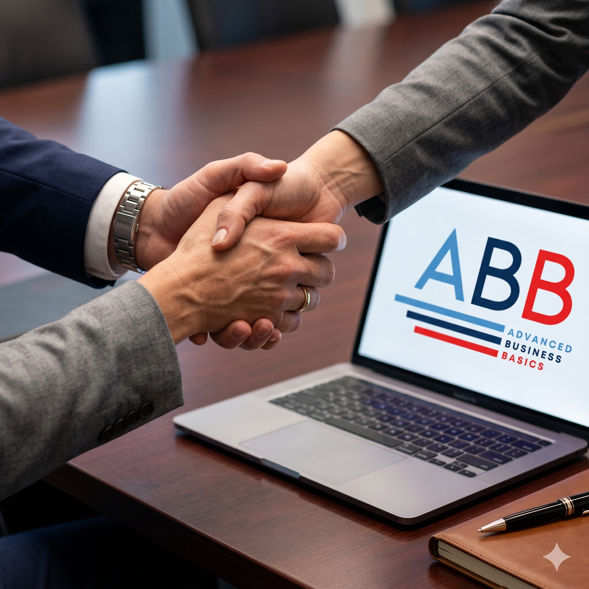 A close-up of a firm handshake between two business professionals over a wooden desk. In the background, an open laptop displays the "ABB Advanced Business Basics" company logo on its screen, symbolizing business mentorship, professional consulting agreements, and entrepreneurial partnership.