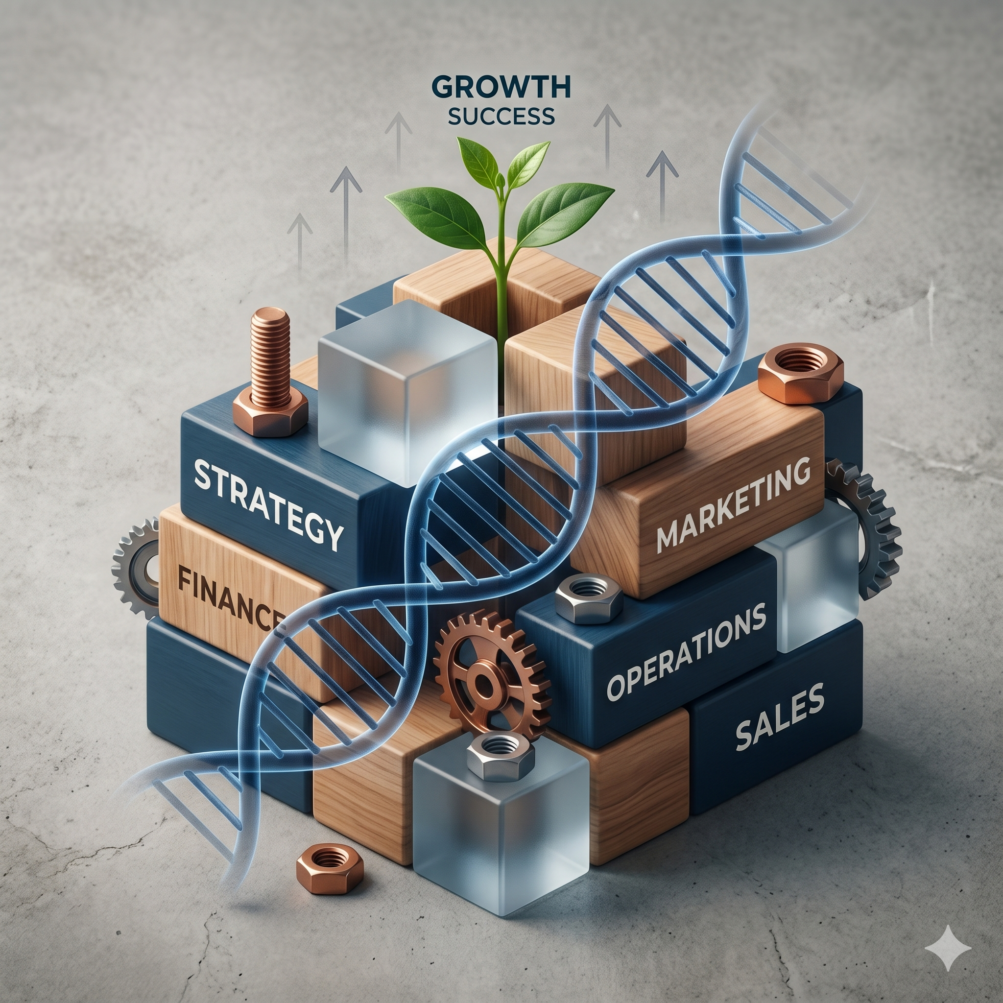A 3D structural diagram made of stacked wooden and blue blocks labeled "STRATEGY," "FINANCE," "MARKETING," "OPERATIONS," and "SALES." A glowing double-helix DNA strand wraps around the blocks while a small green plant sprouts from the top under the words "GROWTH SUCCESS," representing a sustainable business foundation for entrepreneurs.