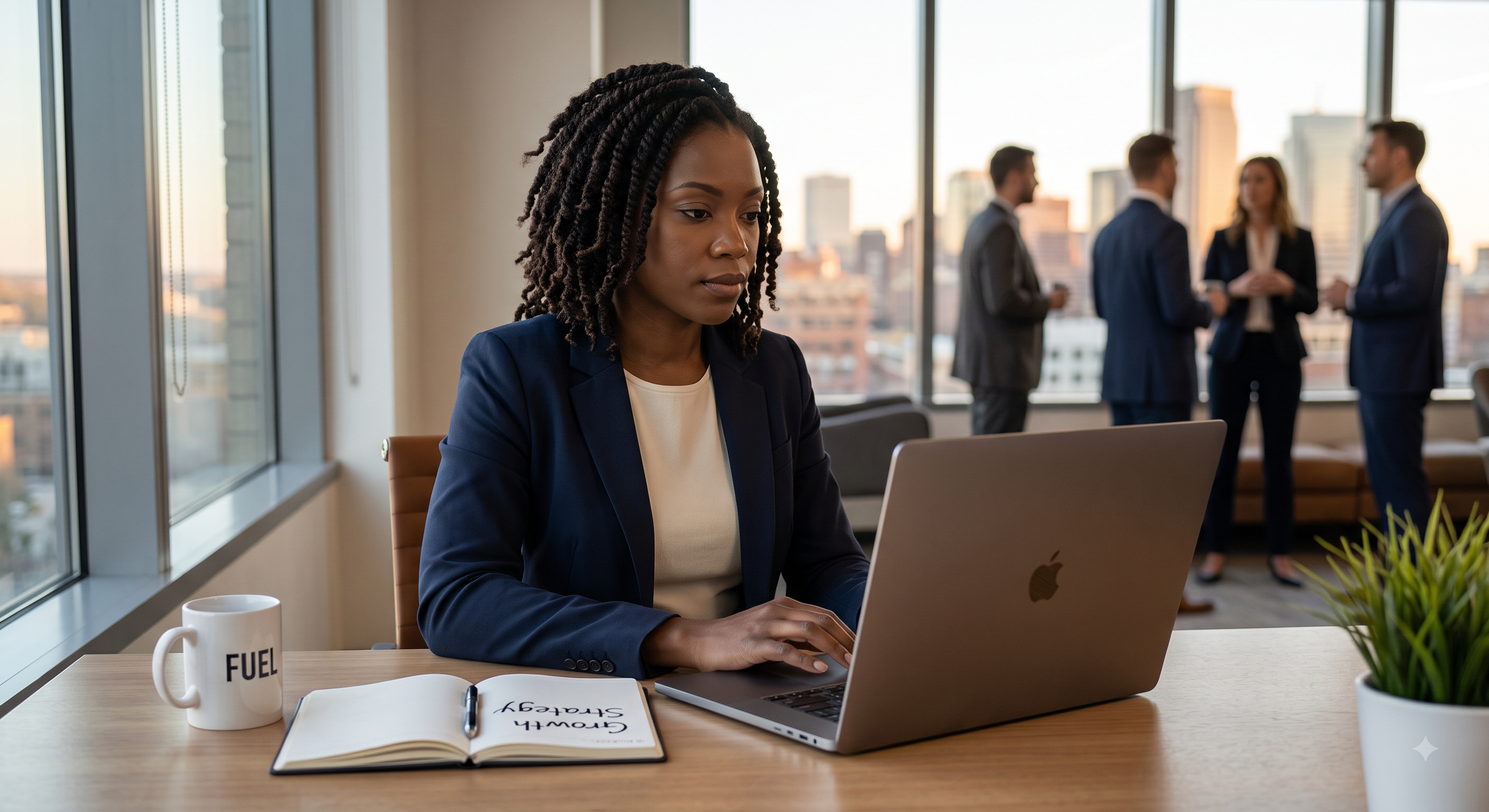 A focused Black female professional working on a laptop at a desk next to an open notebook labeled "Growth Strategy."