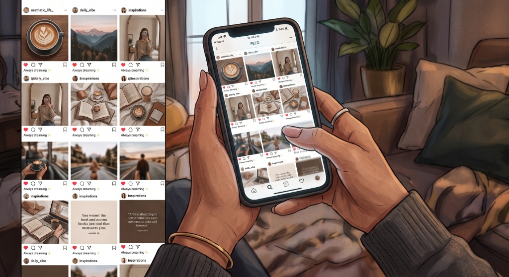 Illustrated closeup of hands holding a smartphone scrolling through an aesthetic, warm-toned Instagram feed in a cozy room setting Illustrated closeup of hands holding a smartphone scrolling through an aesthetic, warm-toned Instagram feed in a cozy room setting