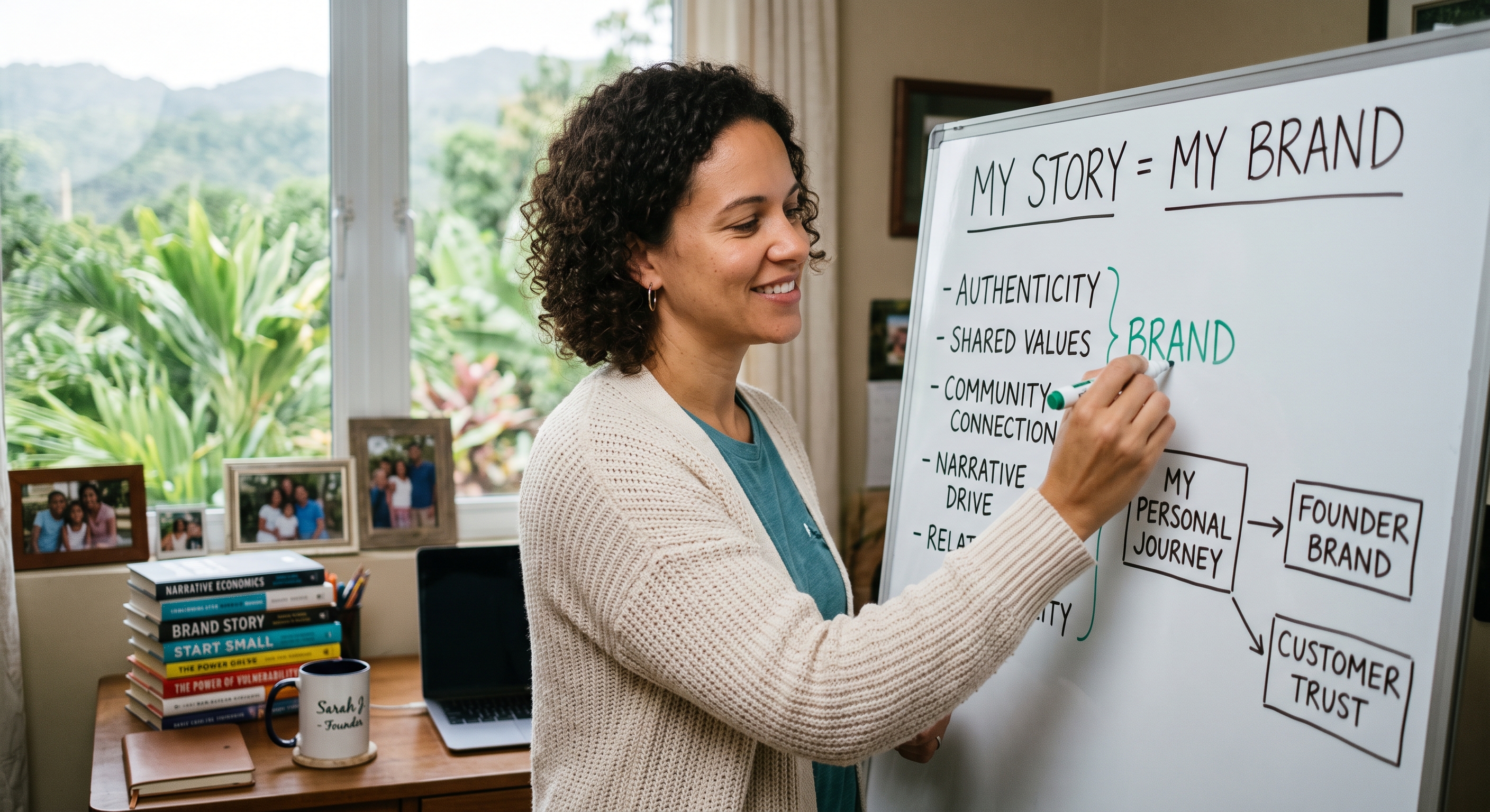 Smiling female entrepreneur writing "My Story = My Brand" strategy diagram on a whiteboard in her home office Smiling female entrepreneur writing "My Story = My Brand" strategy diagram on a whiteboard in her home office