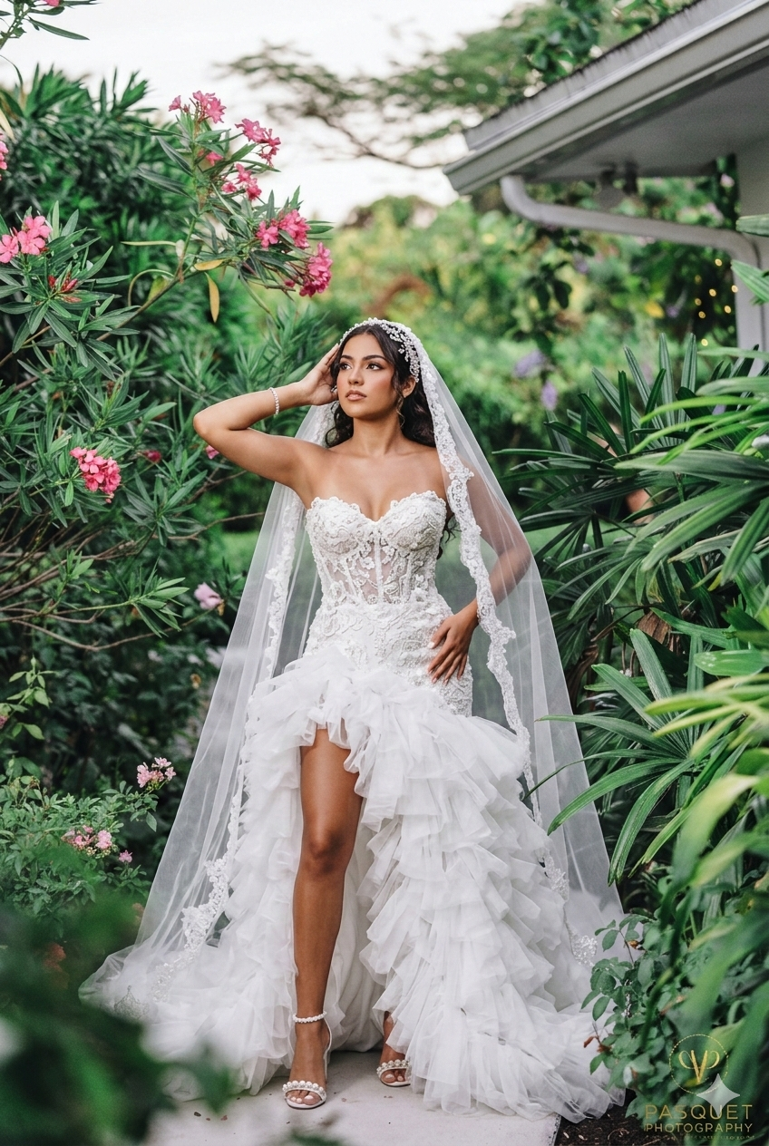 Bride in tropical garden