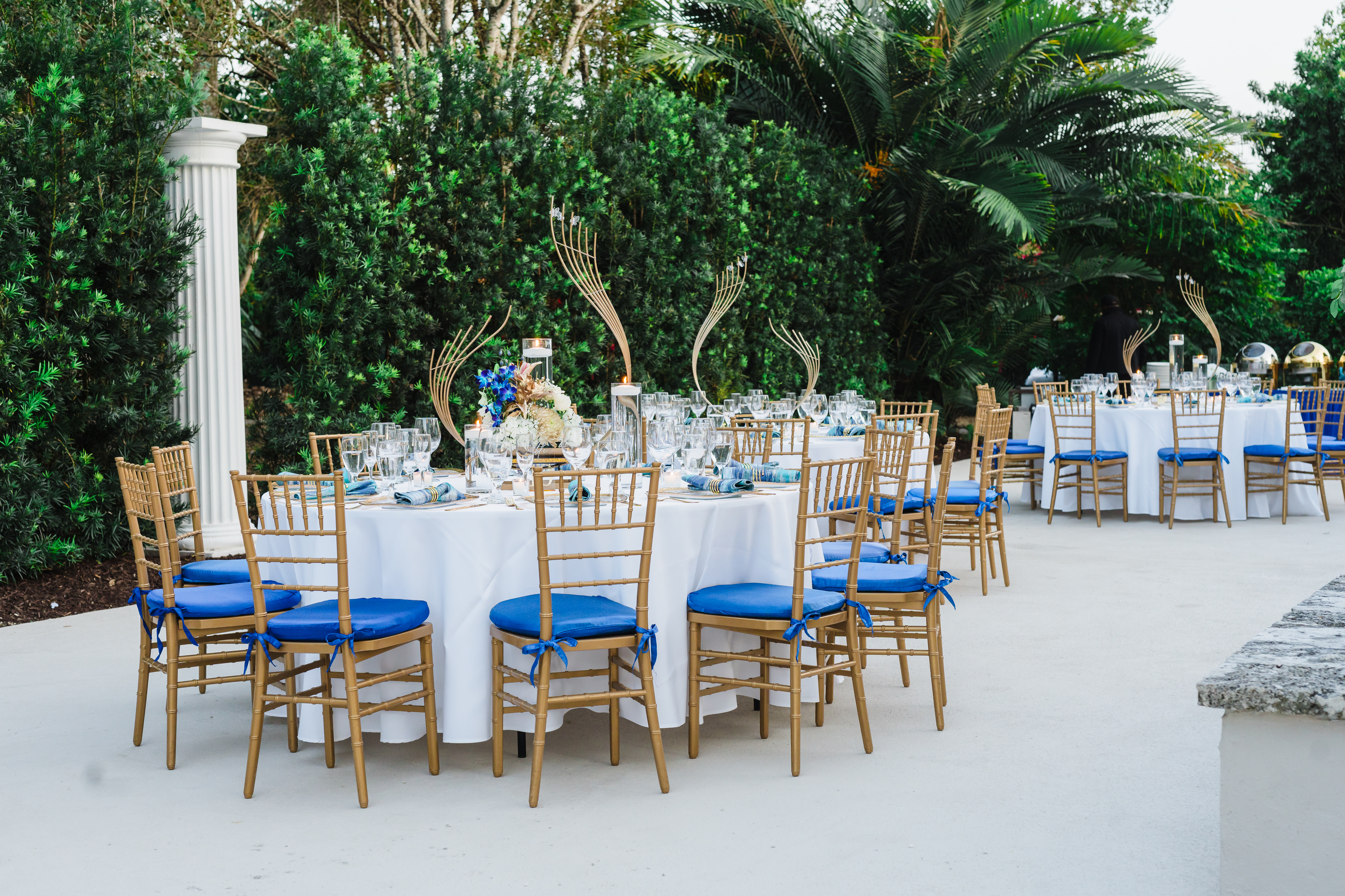 Colorful outdoor wedding event setup