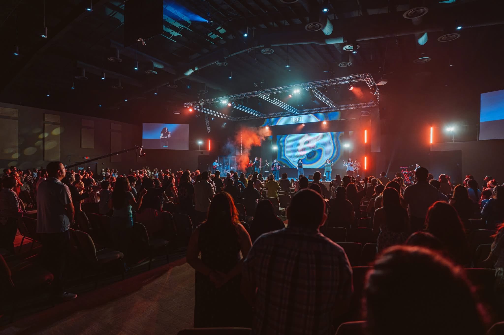 A congregation in worship at a church service