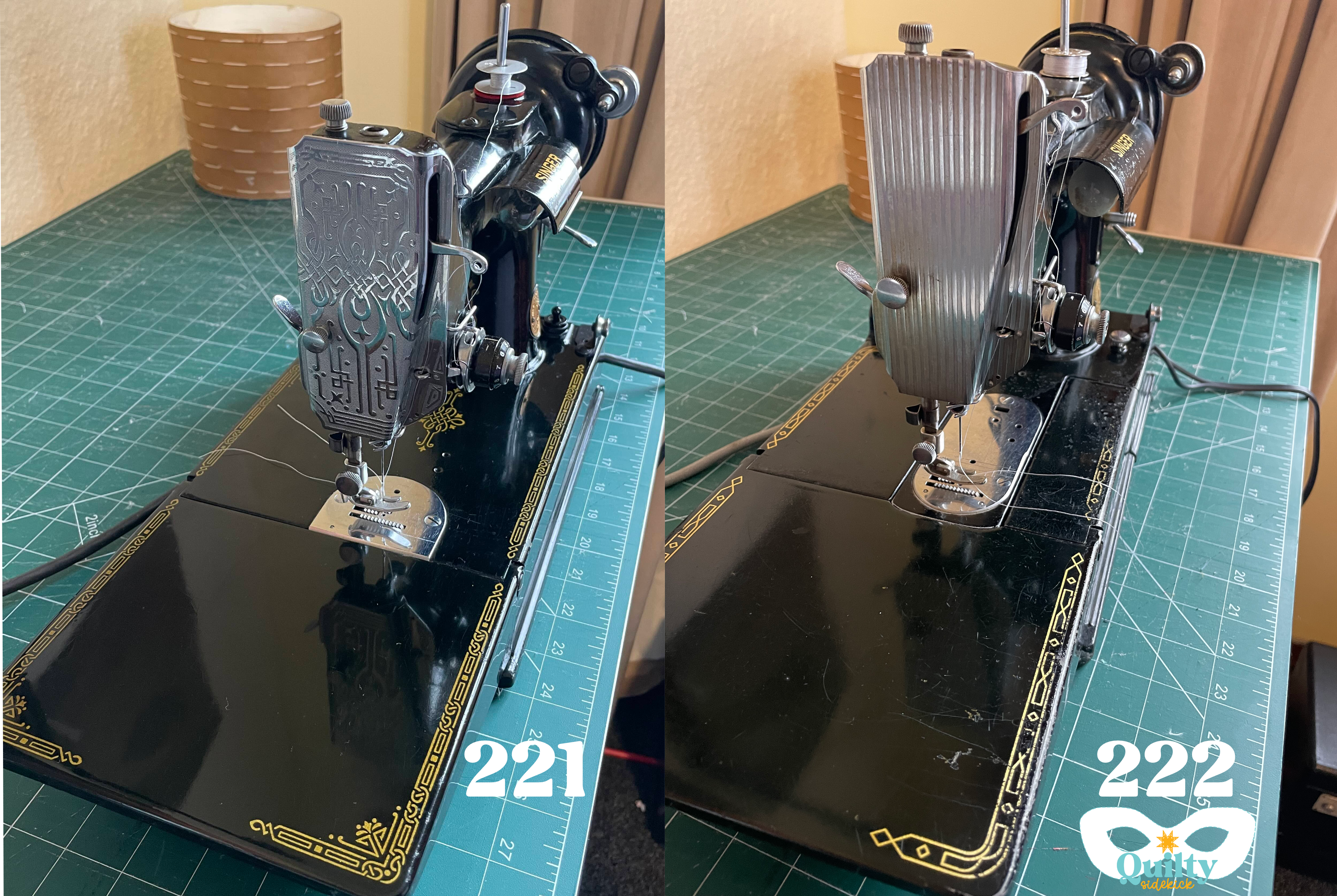 The decorative faceplates and decals of the 1947 Featherweight 221 (left) and 1953 Featherweight 222 (right), highlighting some more of the differences between the two machines. The decorative faceplates and decals of the 1947 Featherweight 221 (left) and 1953 Featherweight 222 (right), highlighting some more of the differences between the two machines.