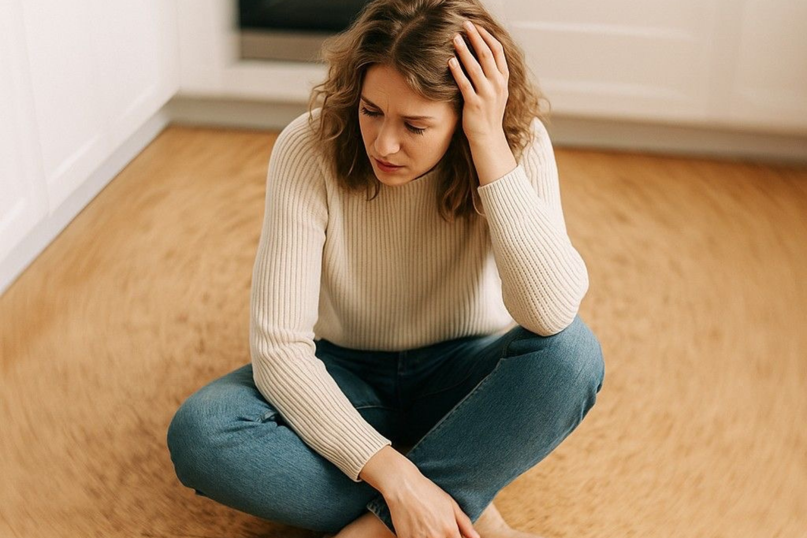 A woman exhausted but thoughtful A woman exhausted but thoughtful
