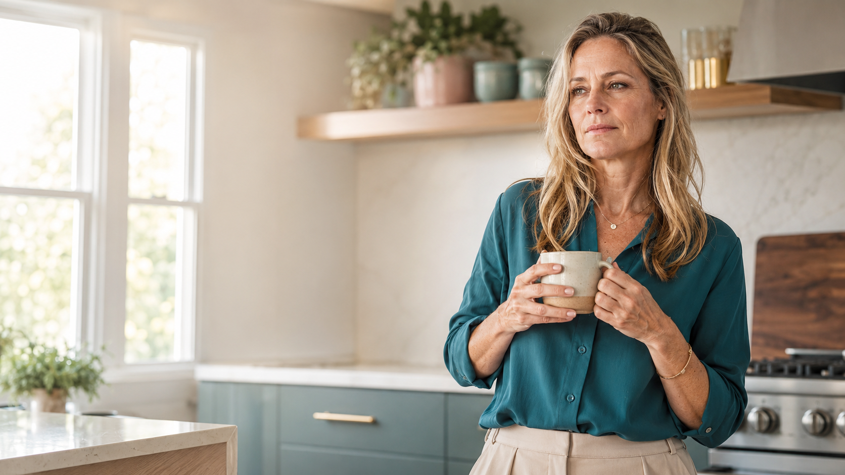 A woman in the kitchen thinking A woman in the kitchen thinking