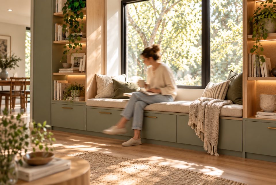 Custom window seat with drawers below