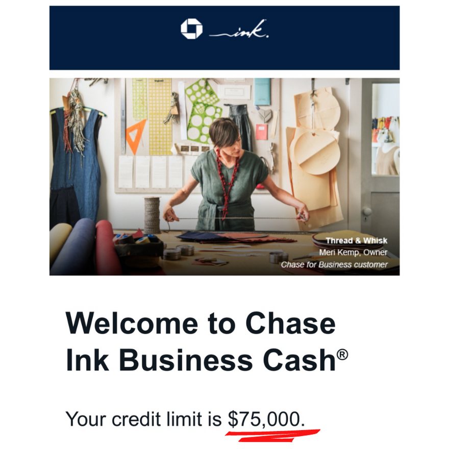 Approval notice showing a $75,000 credit limit