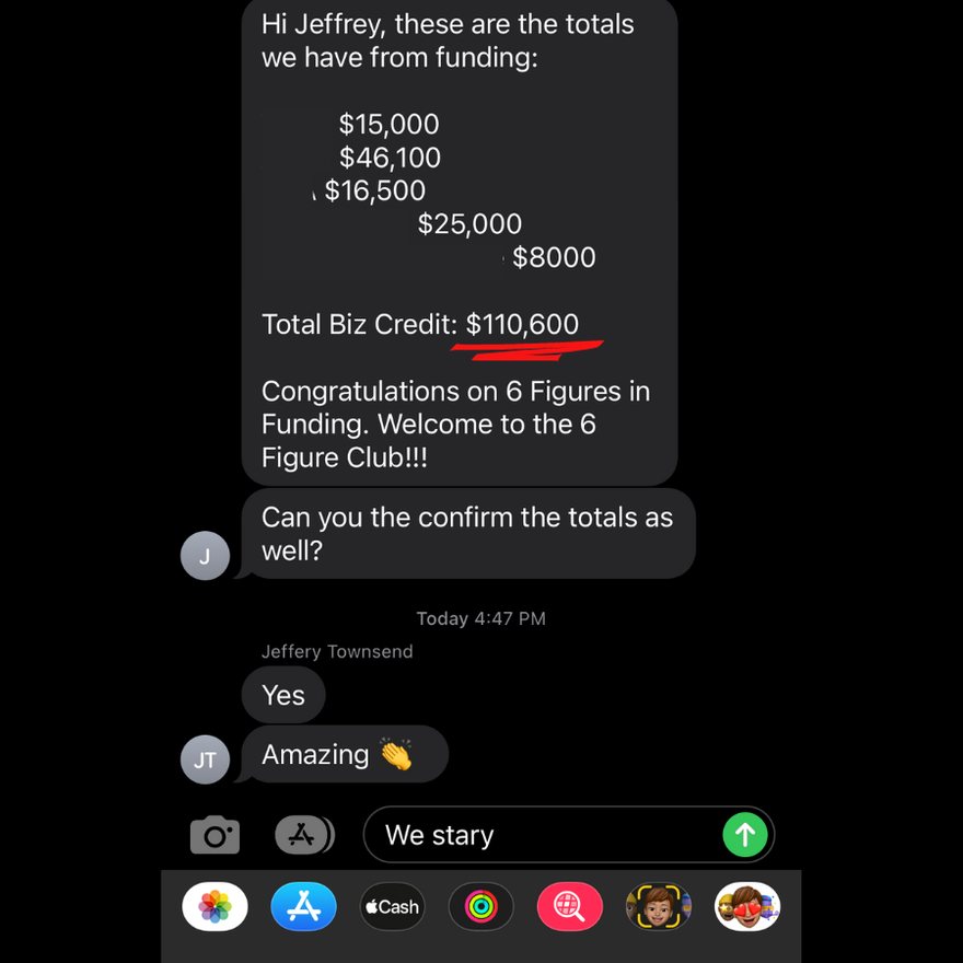 Message thread totalling $110,600 in business credit