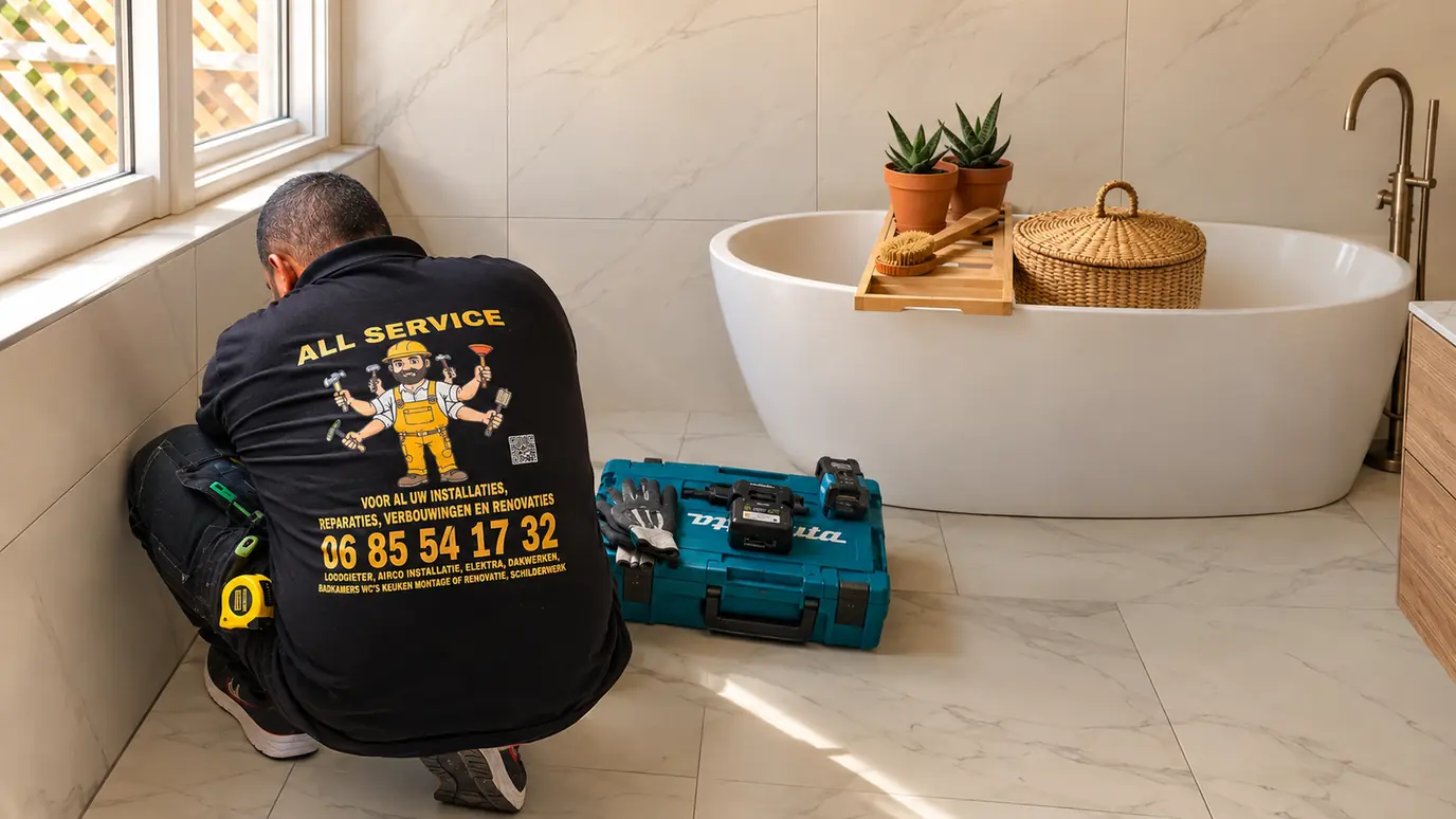 Vakman van All Service SH aan het werk in een badkamer in Rotterdam