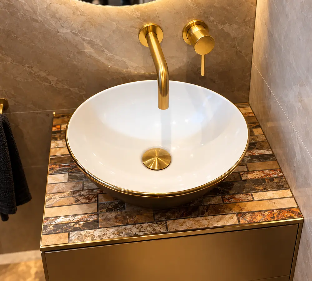 Gerenoveerd wastafelmeubel met gouden kraan na een toilet renovatie in Rotterdam