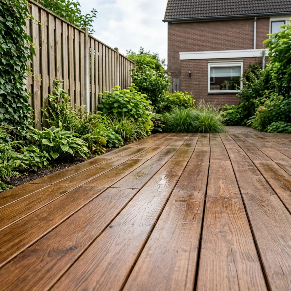 Houten vlonder in de tuin, net behandeld met olie