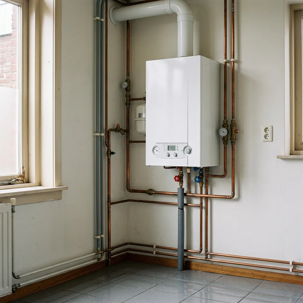 Boiler met leidingwerk in een technische ruimte