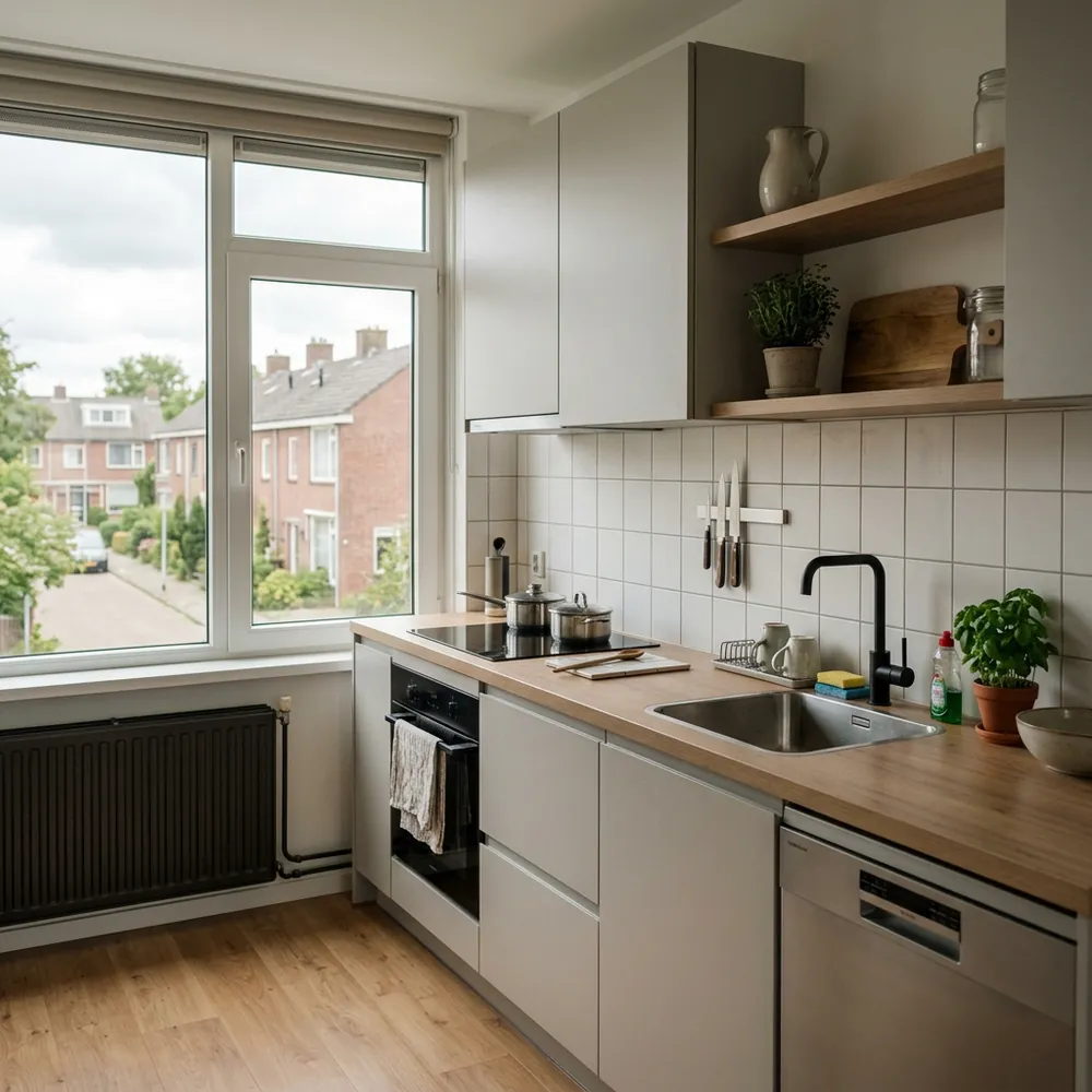 Nieuw geplaatste keuken met lichtgrijze kasten en houten werkblad