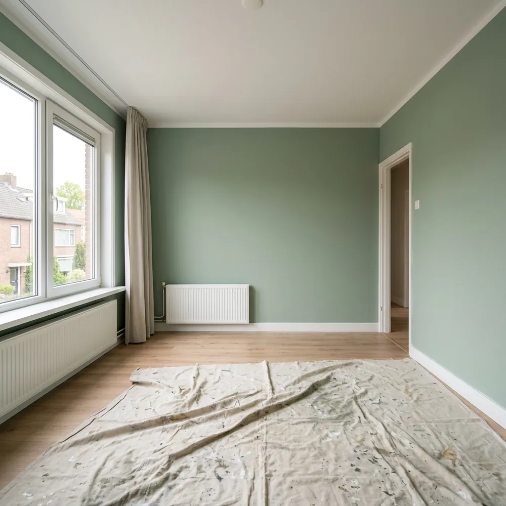 Pas geschilderde kamer met groene muren en strakke randen