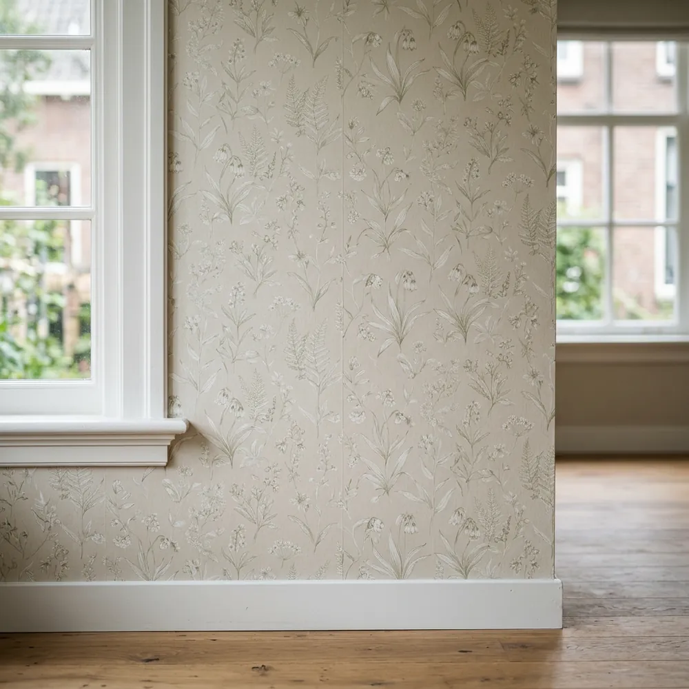 Muur strak behangen met licht beige behang