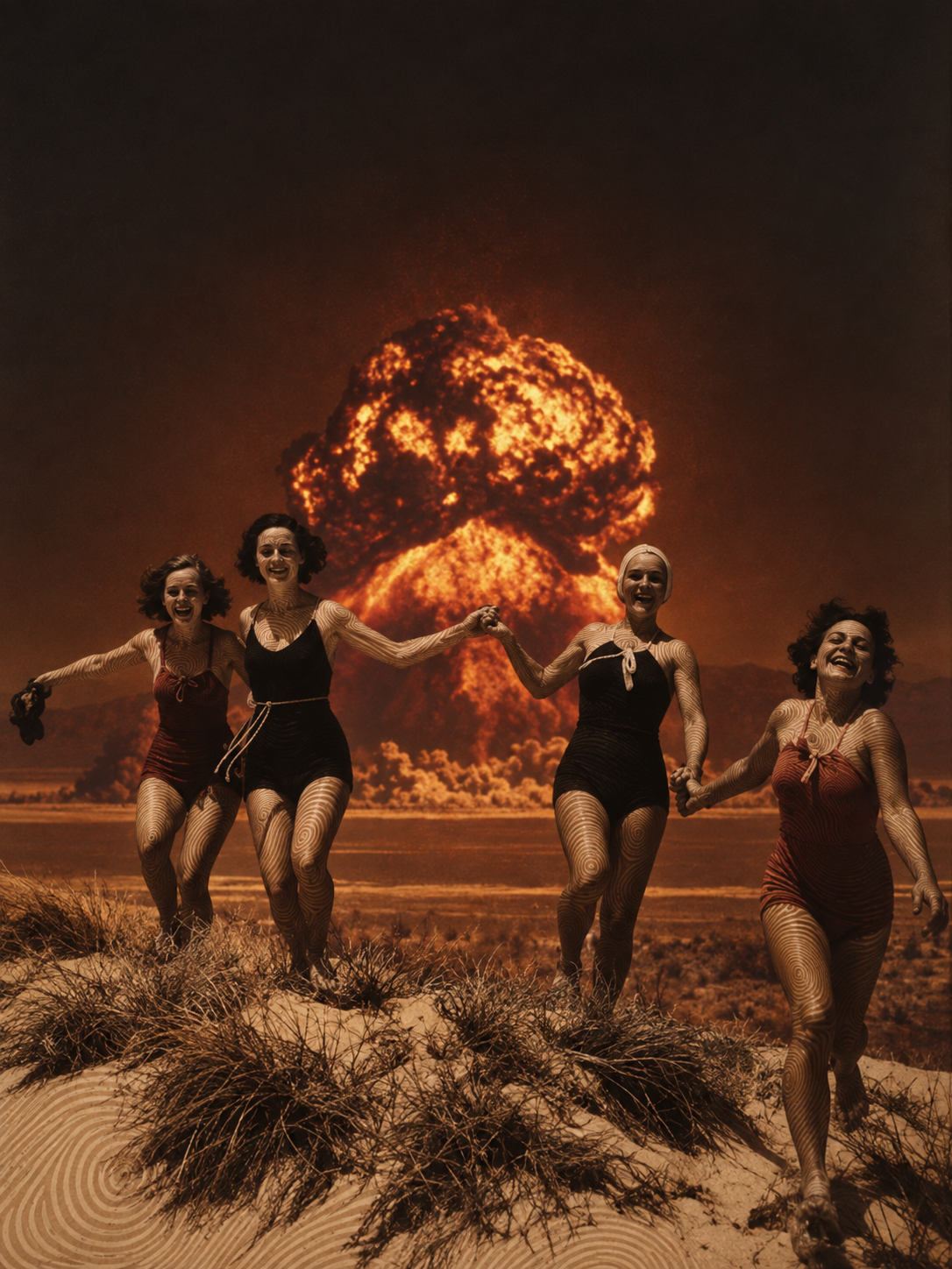 Vintage-style composite: four women in 1950s swimsuits running and laughing across dunes as an orange mushroom cloud rises on the horizon behind them