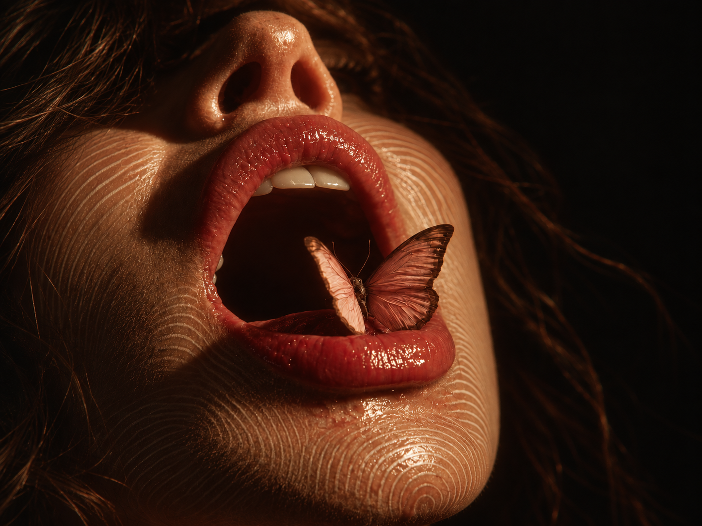 Close crop of a woman's open mouth, red lips parted, a butterfly resting on her tongue