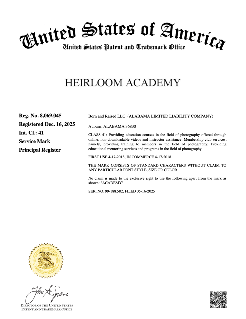 Heirloom Education Trademark for The Heirloom Academy Heirloom Education Trademark for The Heirloom Academy