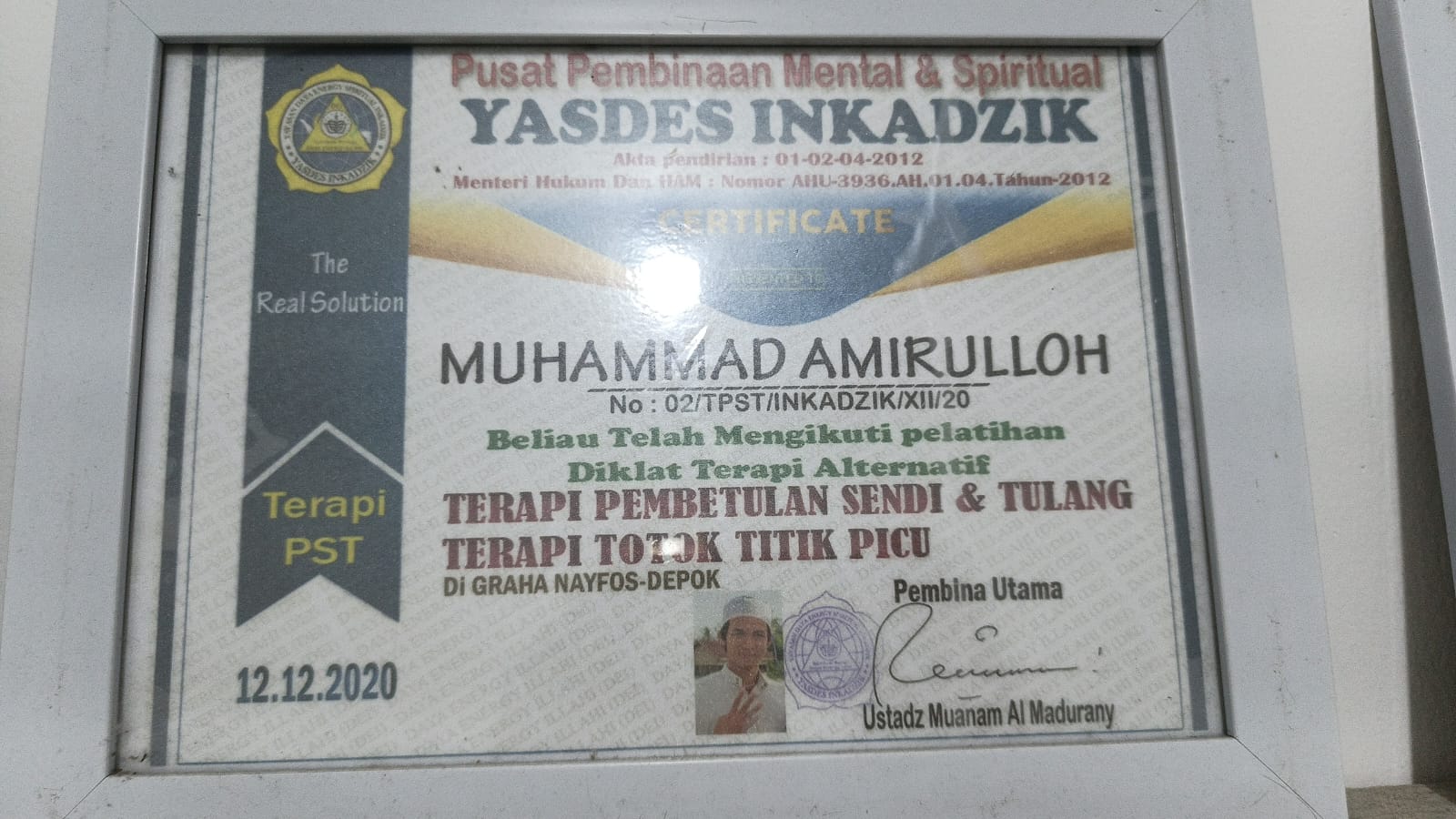 Sertifikat Terapi Pembetulan Sendi dan Tulang Muhammad Amirullah dari YASDES INKADZIK